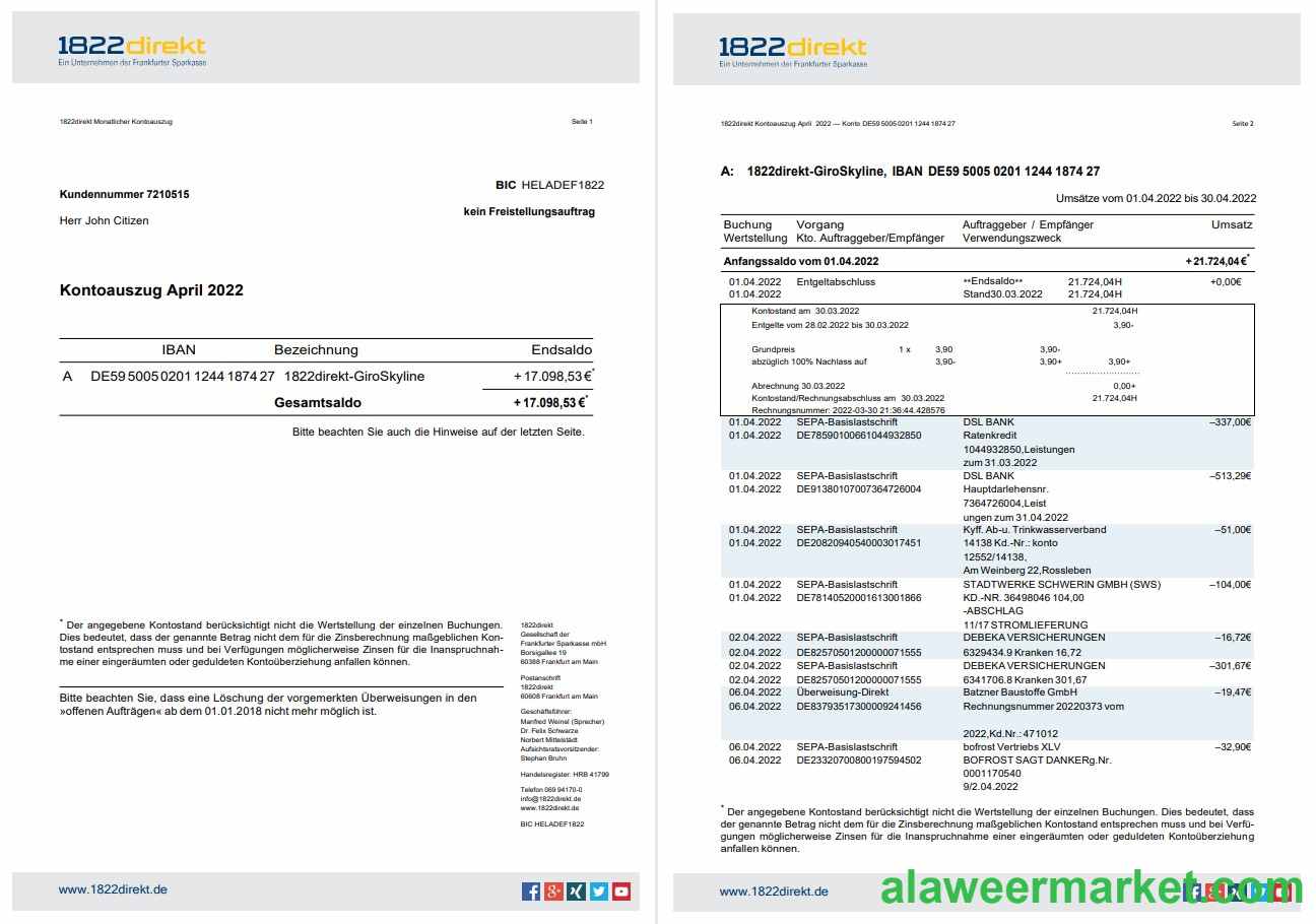 Germany 1822direkt bank statement  on Dautsch, 6 pages